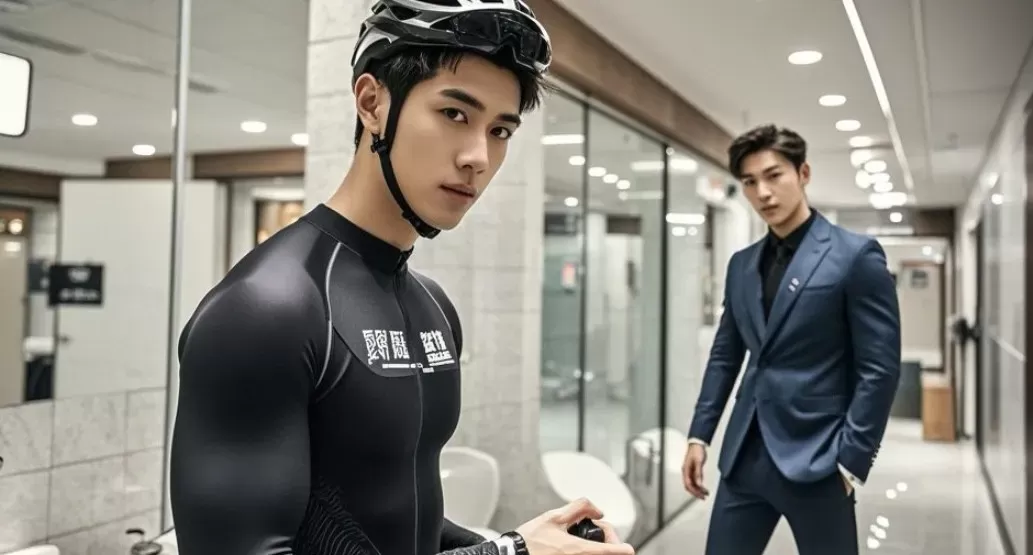 A handsome guy riding a bicycle meets a shopping guide