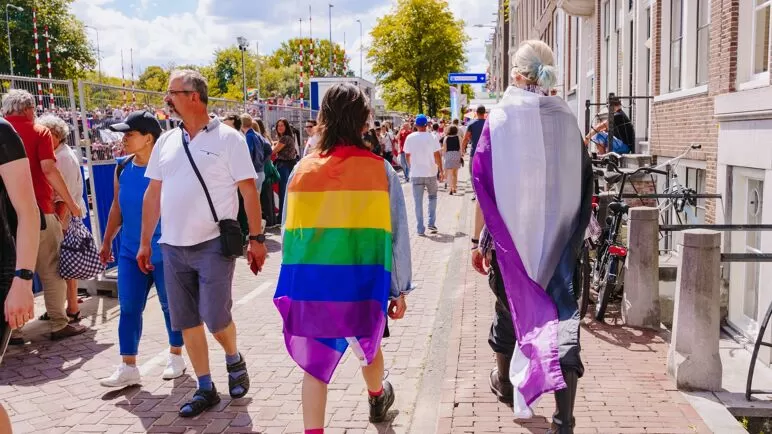 People wearing pride flags as capes on a sidewalk. One in a rainbow flag, the other in an ace pride flag.